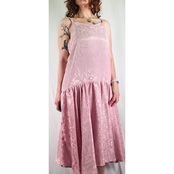 Sold--80’s Vintage Blush Pink Monochrome Floral Satin Drop Waist Midi Slip Dress - Picture 3 of 12